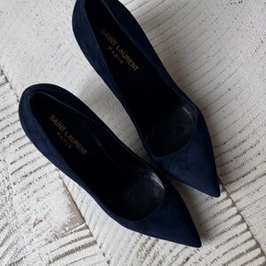 Saint Laurent Navy Suede Pointed Pumps